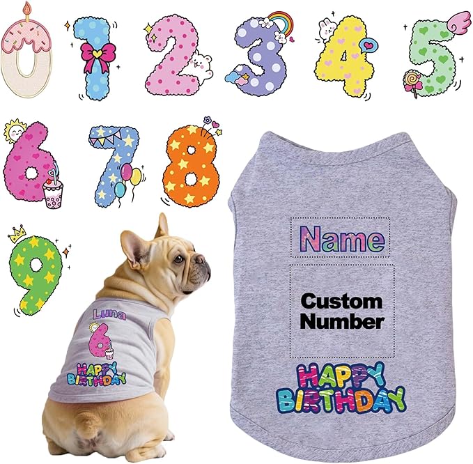 Custom Dog Birthday Shirt,Personalized Pet Apparel Print with Name Age Number,Pet Birthday Outfit,Lightweight Breathable Cotton Vest for Small Medium Large Dogs Cat (Grey, 4X-Large)