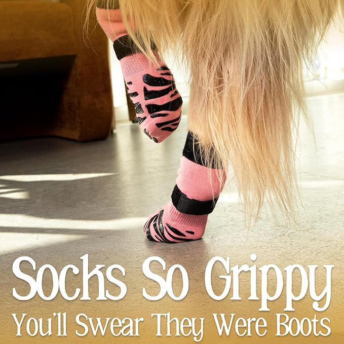 DOK TigerToes Premium Non-Slip Dog Socks for Hardwood Floors - Extra-Thick Grip That Works Even When Twisted - Prevents Licking, Slipping, and Great for Dog Paw Protection (Sassy Pink, Small)