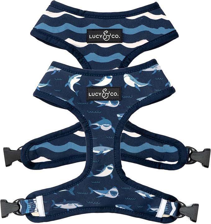 Reversible Dog Harness Walking Halter - Best Designer Pet Harnesses for Extra Small Medium Large XL Dogs Plus Pug Breeds - Padded Adjustable Puppy Vest for Easy Walking (Large, Shark Attack)