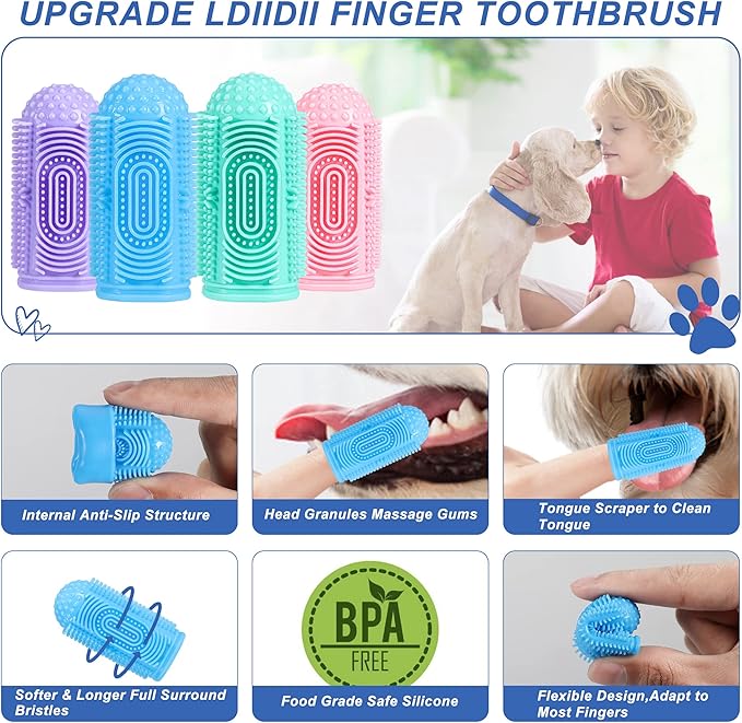 Dog Toothbrush Dog Tooth Brushing Kit Dog Finger Toothbrush for Dog Teeth Cleaning&Dog Dental Care (8-Pack, Blue Green Pink Purple)