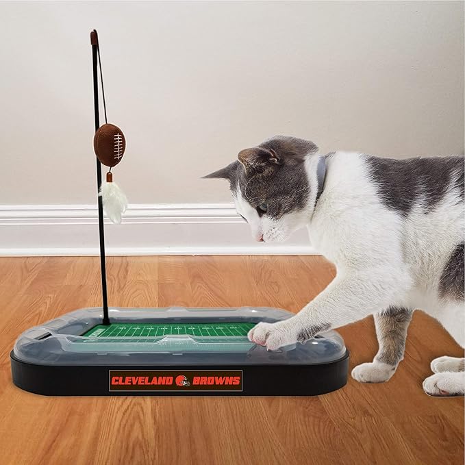 Pets First Cat Toy NFL CLEVELAND BROWNS FOOTBALL FIELD CAT SCRATCHER TOY with CATNIP Filled Plush FOOTBALL Toy & Feather Cat Toy hanging, with Jingle Bell INTERACTIVE BALL Cat Chasing 5-in-1 KITTY Toy