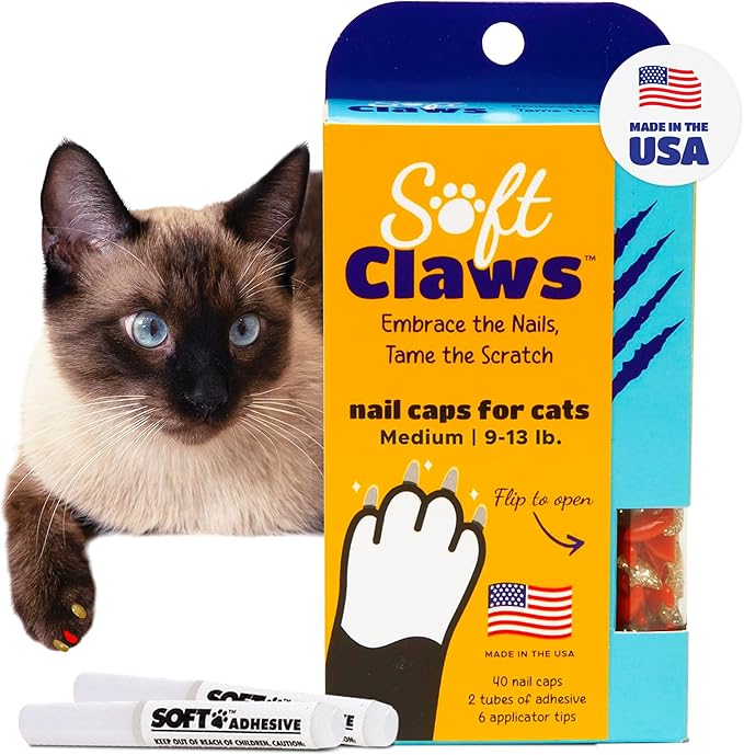Soft Claws Nail Caps for Cats Made in USA - 40 Cat Claw Caps for 4-6 Weeks of Protection - Long-Lasting Cat Scratch Deterrent for Furniture - Red & Gold Sparkle, Medium