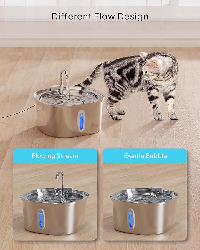 PEKTACO Stainless Steel Cat Water Fountain, 3.2L/108oz Cat Water Dispenser with Quiet Water Pump and Water-Level Window, Dishwasher Safe Pet Drinking Fountain for Cats with 3 Filters + 3 Sponges