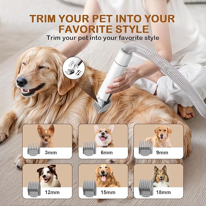 Dog Grooming Vacuum, Dog Grooming Kit with Pet Clipper Nail Grinder, 3 Suction Modes Dog Brush Vacuum with 6 Pet Grooming Tools (Brown)
