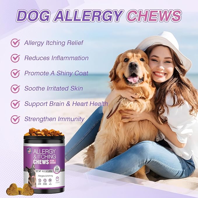 Dog Allergy Chews - Dog Allergy and Itching Skin Relief Anti Itch Aller Immune Bites for Dogs Licking Paws Relief Itchy Chew Probiotics Vitamins for Skin and Coat Allergies - (Lamb, 200 Ct)