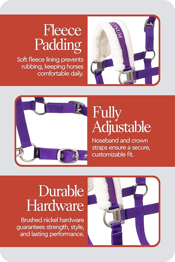 HORZE Howard Soft Fleece Padded Adjustable Polyester Horse Halter - Purple - Cob