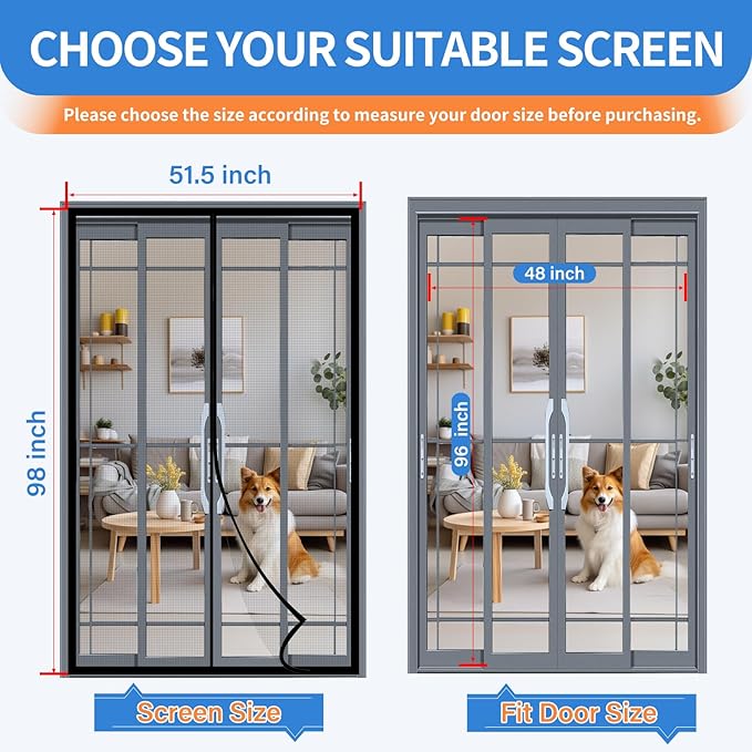 Upgraded PET Mesh Magnetic Screen Door Stronger Than Fiberglass and Polyester,Hands Free,Keep Bugs Out,Pet & Kid Friendly,Suitable for Sliding Doors,Patio and French Doors-48" X 96"