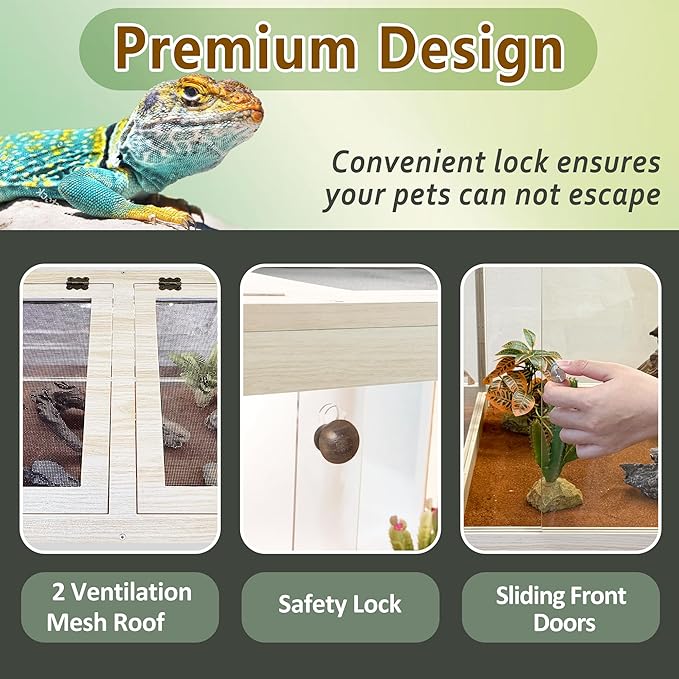 PROLEE Tempered Glass Bearded Dragon Tank,63 Gallon Reptile Tank with Meatl Mesh Roof and Front Sliding Door, Anti-Scratch Lizard Tank,Spacious Reptile Enclosure for Snakes,Lguanas, Chameleons (Oak)