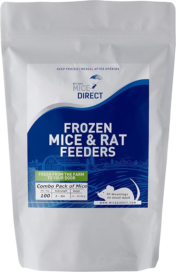 MiceDirect 100 Frozen Mice Combo Pack of 50 Weanlings and 50 Small Adult Feeders Snake Food for Mice for Adult Sand Boa Corn Milk Snakes (2-3 in)(Pack of 100)(1600 Grams Min)