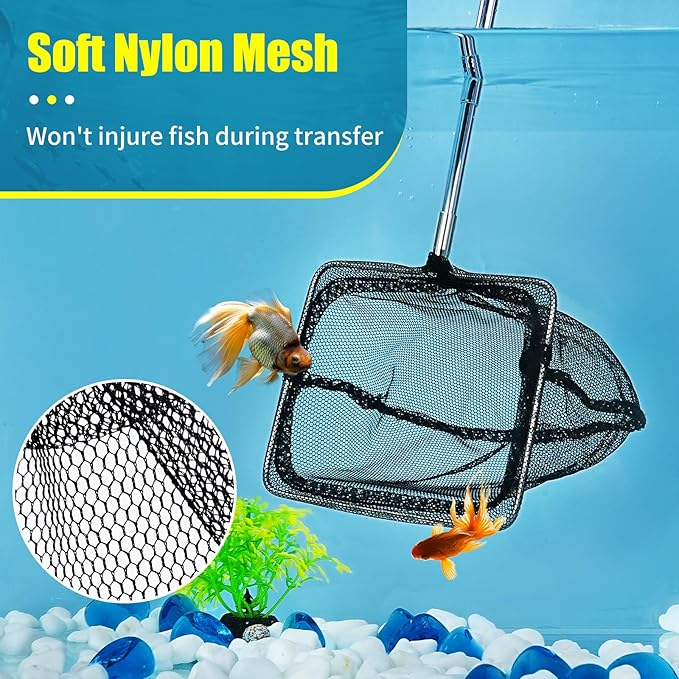 AQUANEAT Aquarium Net with Extendable Long Handle, Adjustable Wastes Skimming Cleaning Tools for Fish Tanks, 3 inch