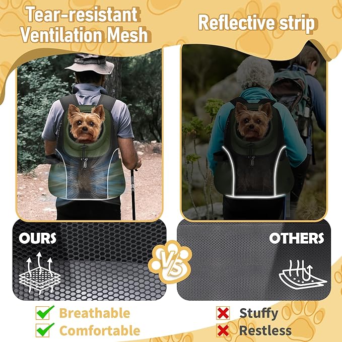 WOYYHO Pet Dog Carrier Backpack Small Dog Front Backpack Ventilated Mesh Dog Travel Back Pack with Safety Belt for Travel Hiking Cycling Outdoor Adventures (Size L: 10-14 lbs, Army Green)