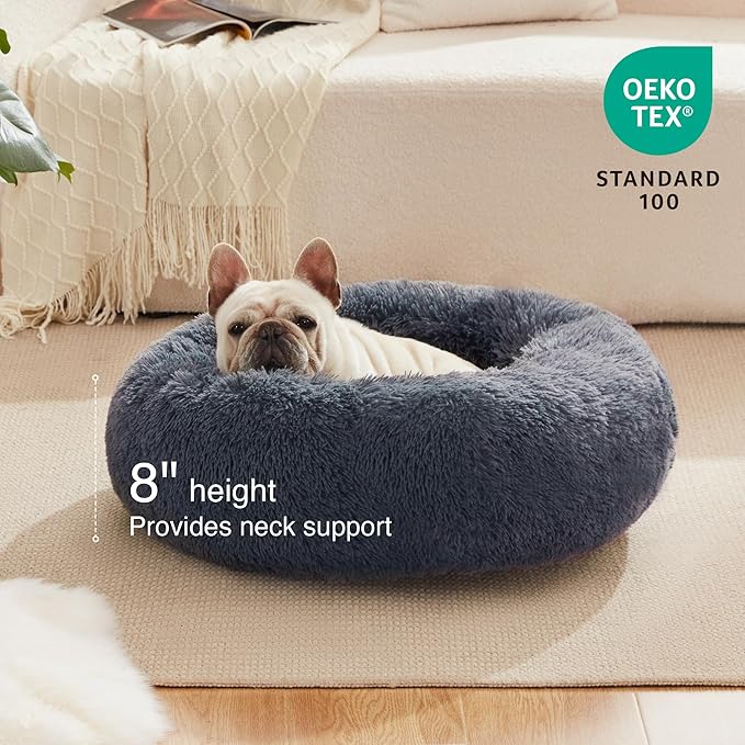Love's cabin Calming Cat Bed for Indoor Cats, Anti-Anxiety Donut Round Dog Bed, Fluffy Faux Fur Washable Pet Bed for Small Medium Dogs and Cats,Bluish Grey,20in