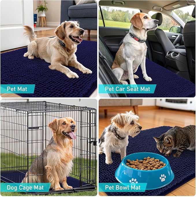 OLANLY Dog Door Mat Set 4-Piece 24x16, Absorbs Moisture and Dirt, Absorbent Non-Slip Washable Doormat, Quick Dry Chenille Mud Mat for Dogs, Entry Indoor Entryway Carpet for Inside Floor, Navy Blue