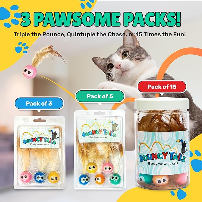 Bouncy Tails 15-Pack Cat Ball Toy with Natural Feathers, Interactive Cat Toys for Bored Indoor Adult Cats, Feather Cat Toy for Indoor Cats and Playful Kittens