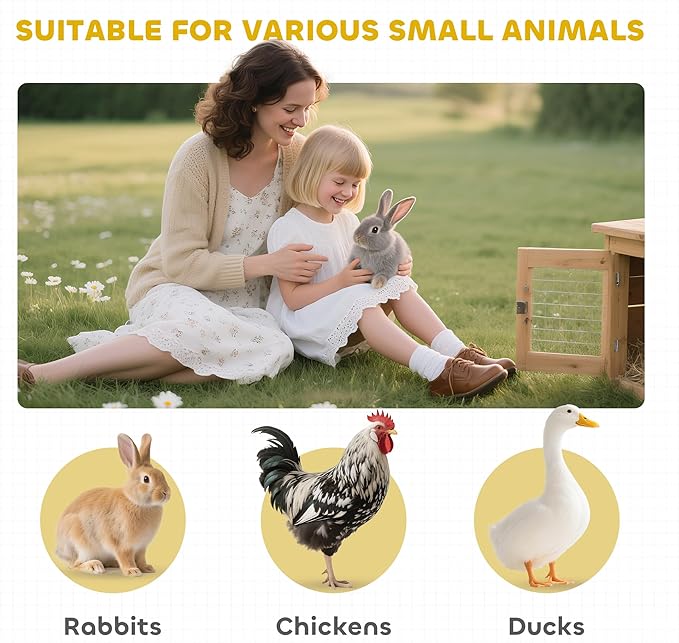PawHut 62" Rabbit Hutch, Wooden Bunny Hutch, Guinea Pig Cage, Small Animal Enclosure with Wheels, Run Area, Removable Tray, Asphalt Roof, Lockable Doors and Ramp, for Rabbits, Chickens, Ducks, Nature