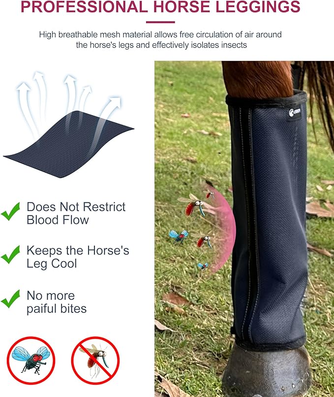 Horse Fly Boots Set of 4 - Upgrade Mesh Horse Leggins with Leather Frame, Leg Fly Protection (Medium, Blue)
