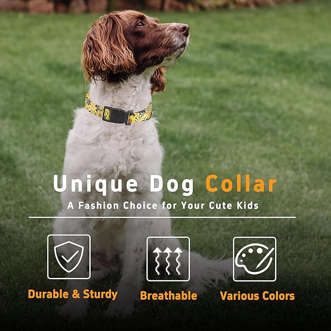 Dog Collar for Boys & Girls, Adjustable Soft Pattern Pet Collar with Safety Buckle for Small to Large Dogs (Yellow Floral, L)