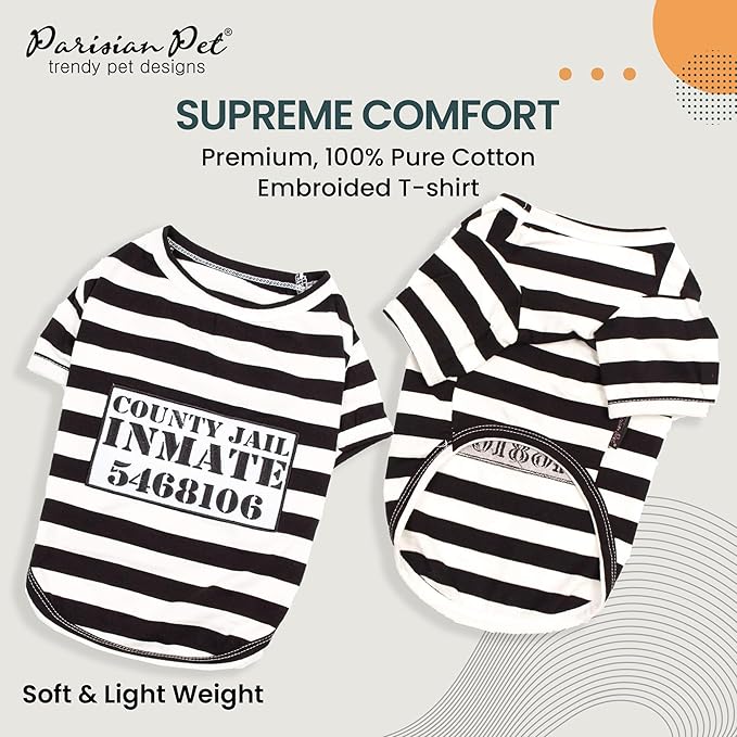Parisian Pet - Medium Dog Shirt - Black & White Striped - Cotton & Polyester - Sleeved & Lightweight - Prisoner Dog Theme