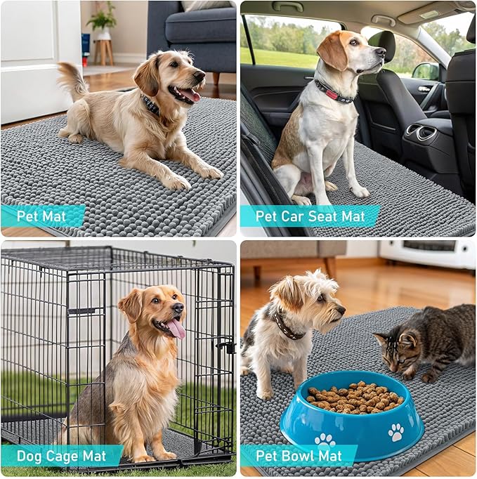 OLANLY Dog Door Mat Set 4-Piece 59x24, Absorbs Moisture and Dirt, Absorbent Non-Slip Washable Doormat, Quick Dry Chenille Mud Mat for Dogs, Entry Indoor Entryway Carpet for Inside Floor, Grey