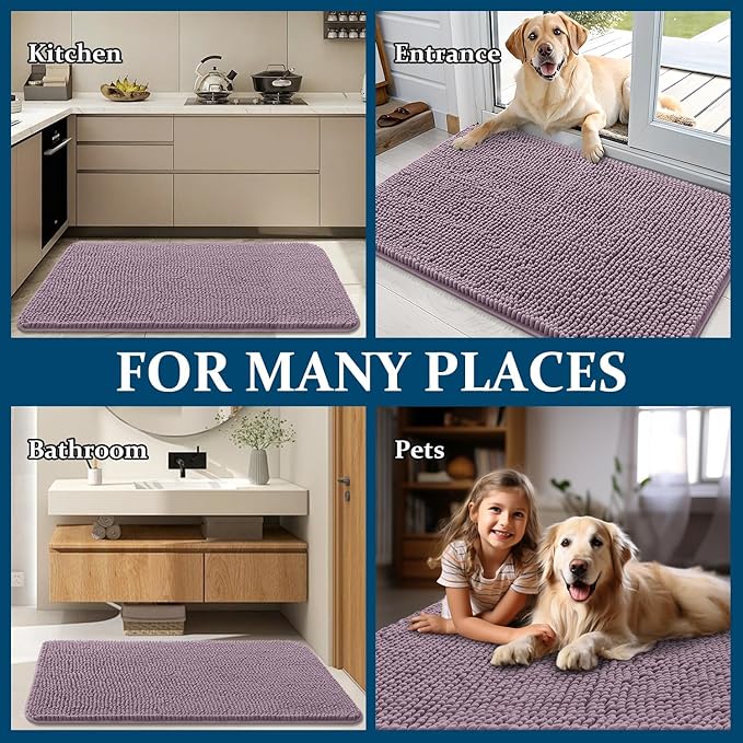 OLANLY Dog Door Mat for Muddy Paws 48x30, Absorbs Moisture and Dirt, Absorbent Non-Slip Washable Doormat, Quick Dry Chenille Mud Mat for Dogs, Entry Indoor Entryway Carpet for Inside Floor, Deep Plum