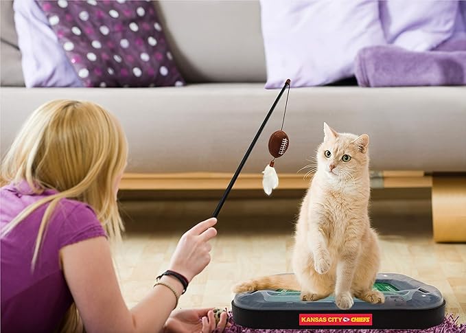Pets First Cat Plush Toy KANSAS CITY CHIEFS FOOTBALL FIELD CAT SCRATCHER TOY with CATNIP Filled Plush FOOTBALL Toy & Feather Cat Toy hanging, Jingle Bell INTERACTIVE BALL Cat Chasing 5-in-1 KITTY Toy