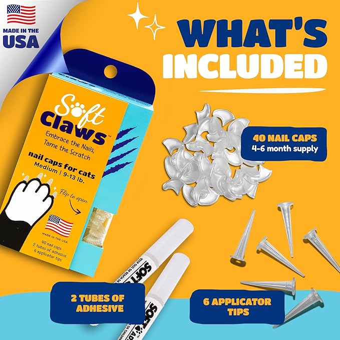 Soft Claws Cat Nail Caps for Medium Cats – (40 Caps, Pink Sparkle) - Made in USA - Veterinarian-Developed | Protects Furniture & Skin - Easy to Apply, Long-Lasting Anti-Scratch Soft Cat Claw Covers