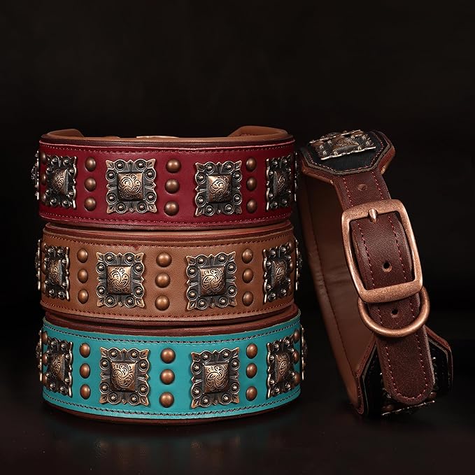 PET ARTIST Genuine Leather Dog Collar for Large Dogs, 2 inch Wide Luxury Dog Collar with Rivet Studded & Metal Buckle, Comfortable & Stylish Pet Collars for Great Dane Rottweiler,Black,Neck 22-25"