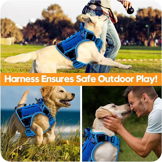 Heavy-Duty Tactical Dog Harness for Large Dogs, No Pull Adjustable Reflective Pet Vest with Molle System, K9 Military-Grade Control for Service Training, Outdoor & 10+ Breeds, Blue Camo, XX-Large
