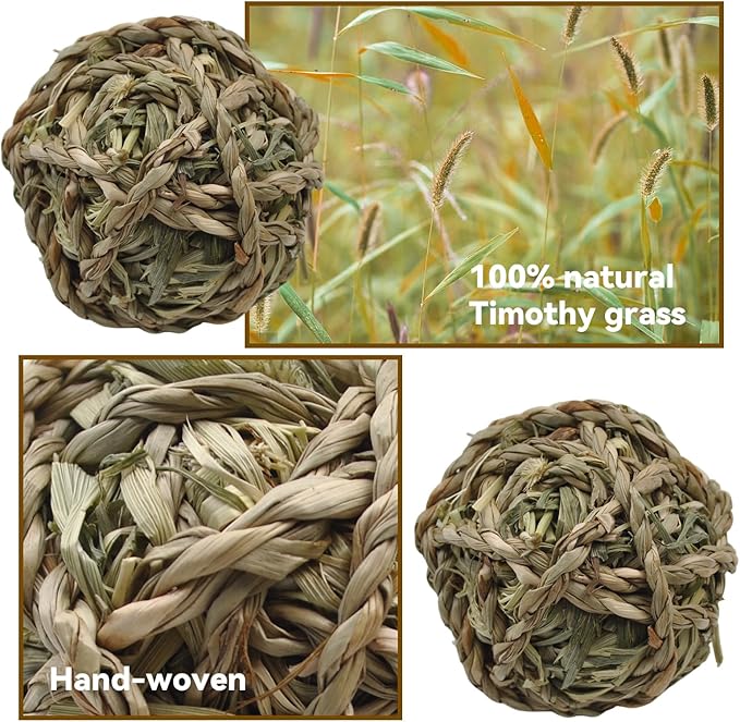 kathson 6 Pcs Rabbit Chew Grass Balls,Bunny Grass Toy Handmade Timothy Hay Ball Small Animal Treats Teeth Grinding Chews for Rabbits Chinchillas Guinea Pigs Hamsters Mice Gerbils