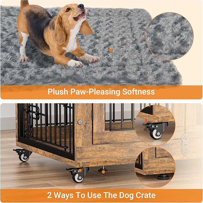 Lulive Dog Crate Furniture Set of 2, Dog Kennel Indoor Double Doors Wooden Dog Cage, 32'' Heavy Duty Dog Crate with Cushion & Wheels, End Table Pet House Chew-Resistant Up to 45 lb, Rustic Brown