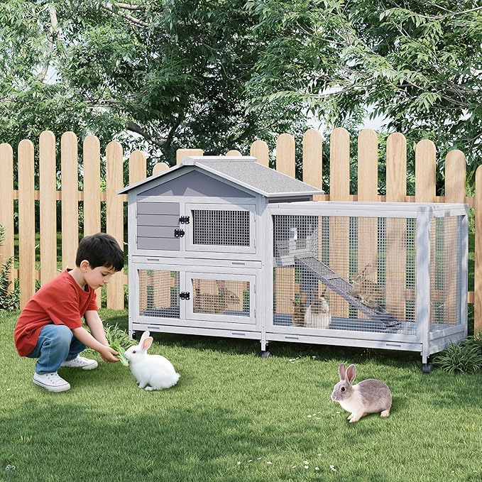 Bunny Cage with Weatherproof Roof, Rabbit Cage with 6 Lockable Caster Wheels & Pull-Out Tray, Rabbit Hutch for Indoor Outdoor Use, Grey（63.2" l x 22.4" w x 37"）