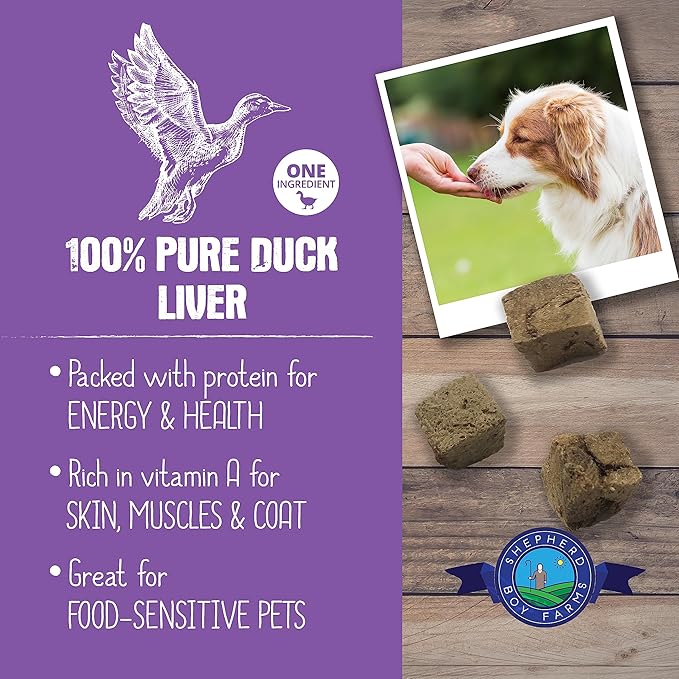 Shepherd Boy Farms Freeze Dried Dog and Cat Treats, Duck Liver, All Natural Single Ingredient Freeze-Dried Dog Treat & Snacks, Made in USA, High Protein, Essential Nutrition of Raw Food, 8oz