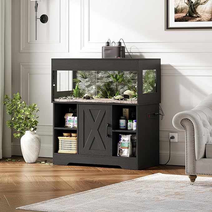 40 Gallon Reptile Terrarium Tank with Storage Cabinet, Reptile Tank with Stand, for Leopard Geckos, Corn Snakes, Juvenile Pets, Sliding Acrylic Doors, Mesh Top, Power Outlet, Black PX03RTB