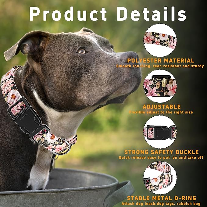 Dog Collar for Boys Girls, Floral Puppy Collar for Small Medium Large Dogs, Adjustable Floral Pattern Soft Pet Collar with Safety Buckle for Male Females(Light Pink,S)